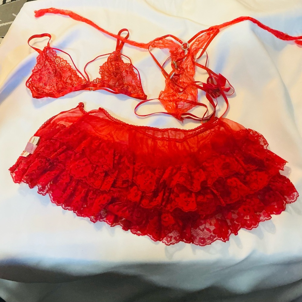 Red Lace Bralette & Ruffled Mini Skirt Set - Women's Intimates